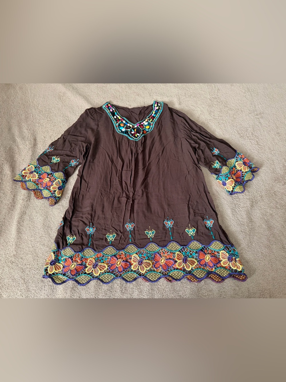 Brown Embroidered Boho Tunic Top with Multicolor Beaded Neckline
